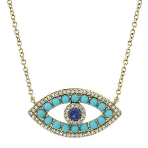 14K Gold Large Sapphire and Turquoise Evil Eye Necklace-S24