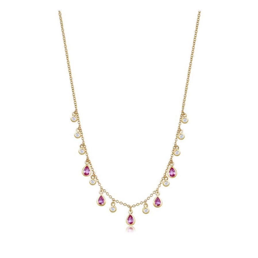 Pear Pink Sapphire Diamond Drop Necklace-S24