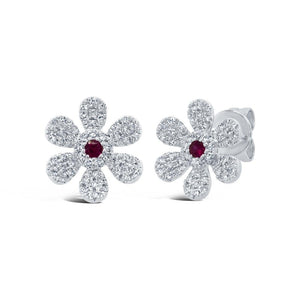 Small Diamond and Ruby Flower Stud Earrings-S24