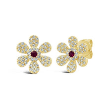 Small Diamond and Ruby Flower Stud Earrings-S24