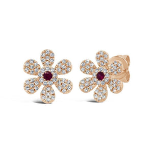 Small Diamond and Ruby Flower Stud Earrings-S24